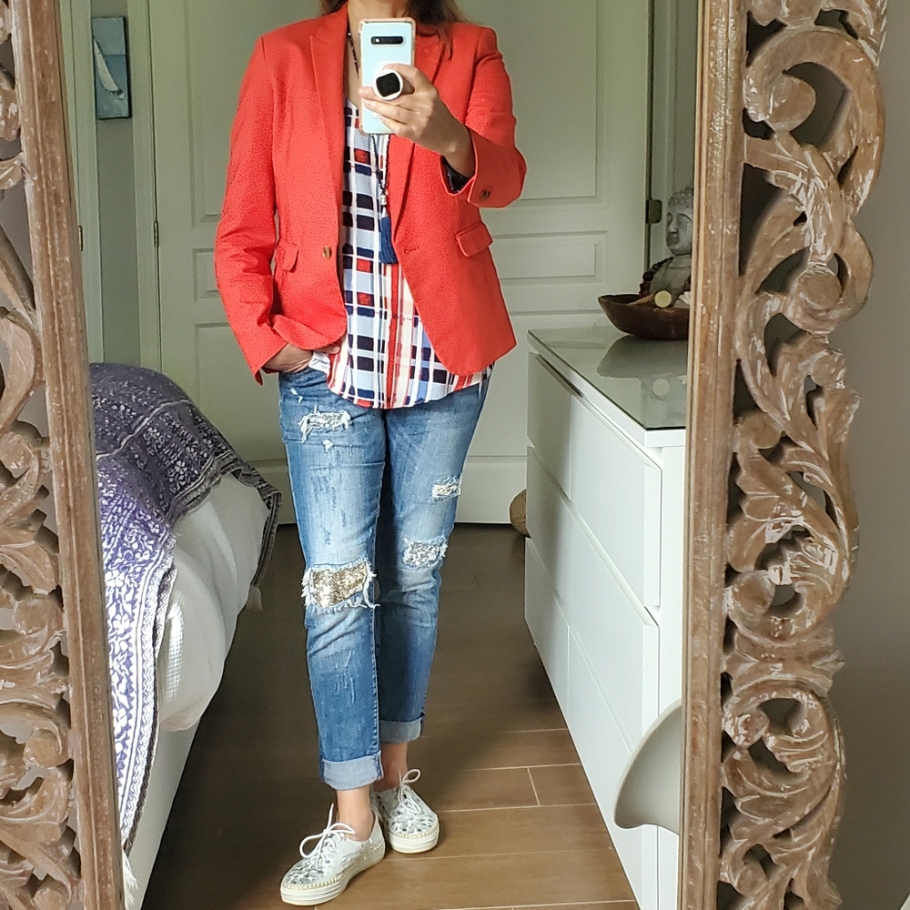 RW and Company Red-Orange Medium Blazer with RW multicolored tank top.